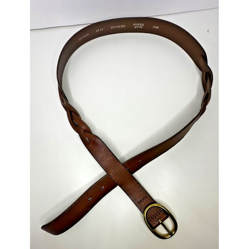 Fossil Belt Womens Brown Leather Braided Detail Sz Large Brass Oval Buckle